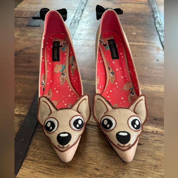 I HEART Beige Chihuahua Puppy Themed Kitten Heels - Picture 1 of 4